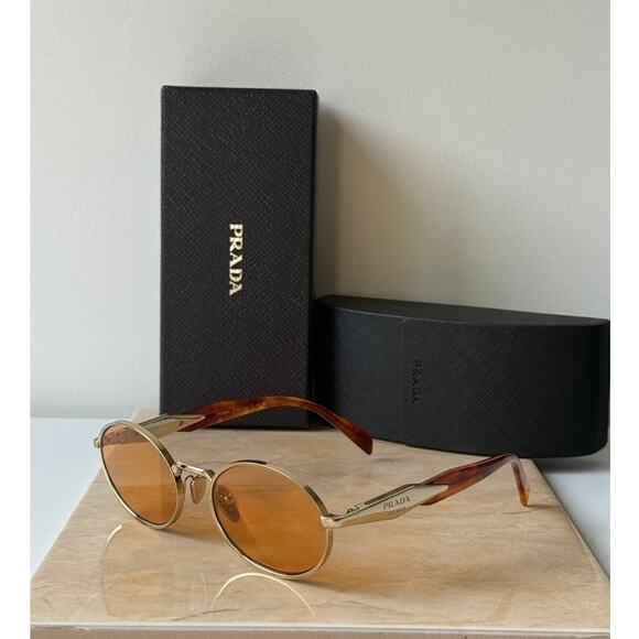 NEW Prada PR65ZS Oval Sunglasses in Gold Orange Tint - Picture 1 of 5